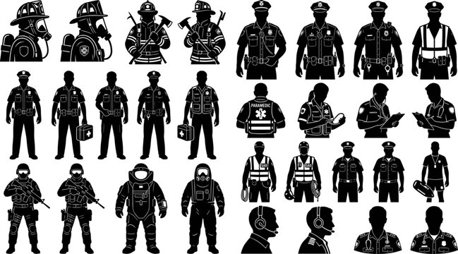 Emergency services vector silhouettes set featuring firefighters, police officers, paramedics, and rescue personnel