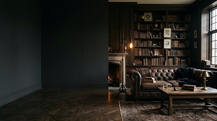 Obraz premium Dark moody library interior with leather sofa and mockup wall space