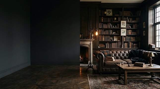 Dark moody library interior with leather sofa and mockup wall space