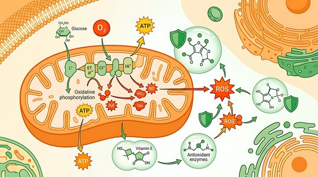 Diagram of mitochondria cellular respiration and oxidative stress