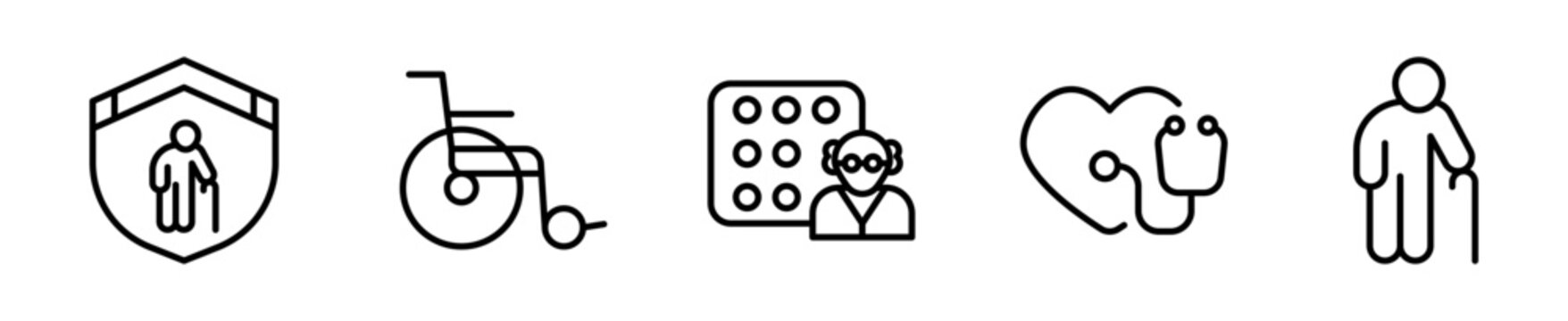 Set de iconos adulto mayor cuidados bast&oacute;n pastillero 5 piezas outline vector
