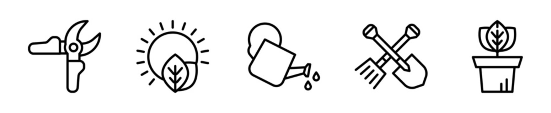 Set de iconos jardiner&iacute;a plantas regadera maceta 5 piezas outline vector