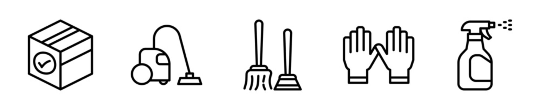 Set de iconos limpieza organizaci&oacute;n escoba spray caja 5 piezas outline vector