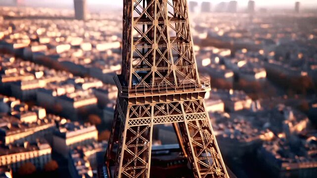 Paris, France, Europe. A highresolution aerial photograph of the Eiffel Tower, a landmark in Paris, France. The photograph captures the intricate metal framework of the tower.