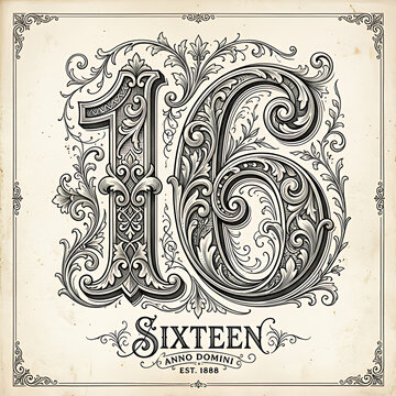 Elegant Ornamental Number Sixteen With Anno Domini In Vintage Style. Decorative Flourish Design For Celebrations And Events