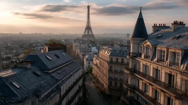 Paris, France, Europe. A panoramic view of Paris, France at sunset. The Eiffel Tower stands tall against a backdrop of a cityscape. The sky is painted with hues of orange, pink, and blue.