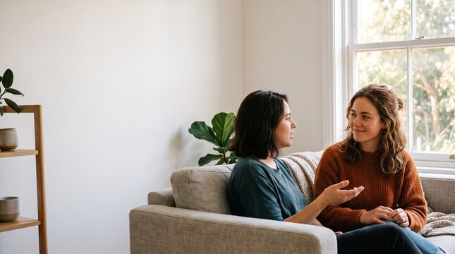Two women having friendly conversation together at home living room