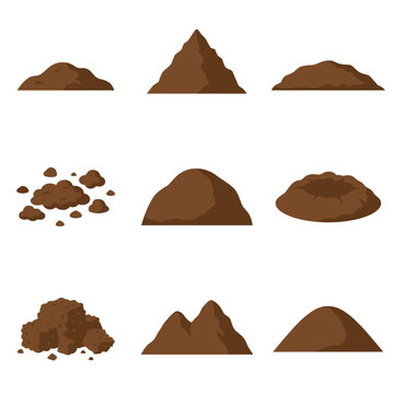 Set of various brown soil mounds and dirt pile icons
