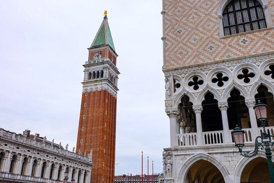 Basilica San Marco and the bell tower and Doge's palace at the main Square in Venice 