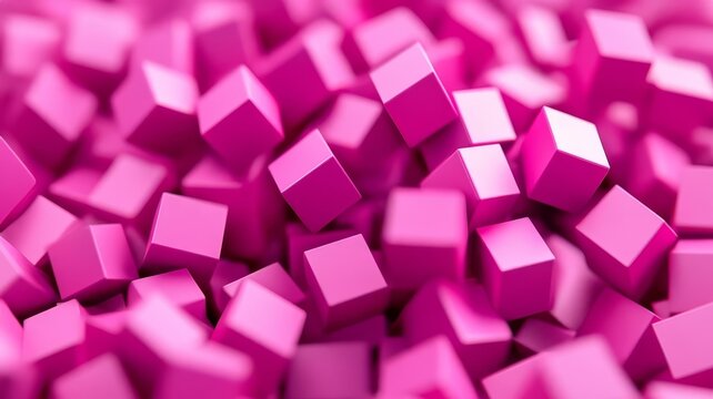 Abstract background featuring multiple vibrant pink geometric cubes piled together in a chaotic pile with depth of field effects