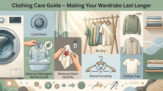 Educational infographic explaining clothing care and textile longevity