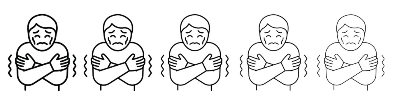 Outline vector illustration of a person shivering in cold or illness.
