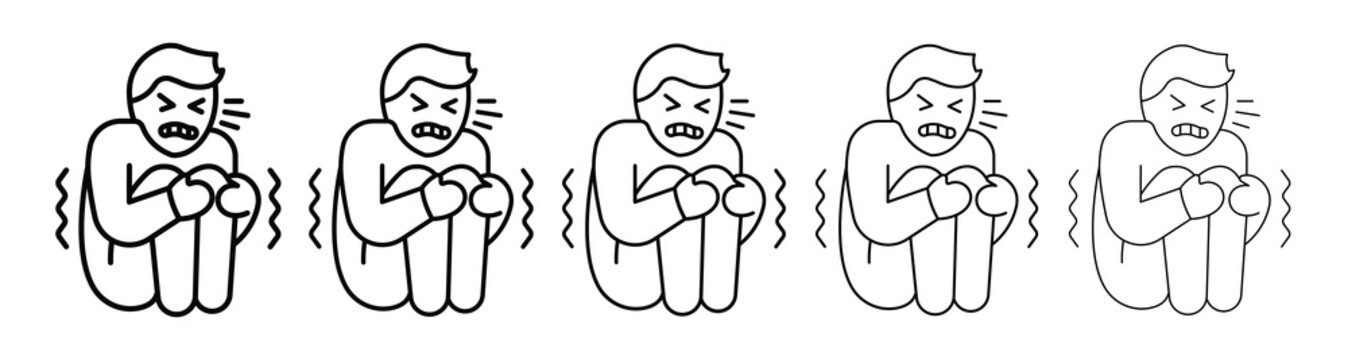 Outline style vector icon set of a shivering man showing symptoms of cold, fear, or anxiety.