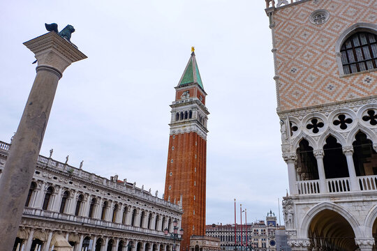 Basilica San Marco and the bell tower and Doge's palace at the main Square in Venice 