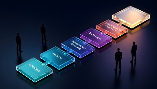 Enterprise technology stack architecture showing structural software layers from interface to infrastructure platform with corporate observer silhouettes