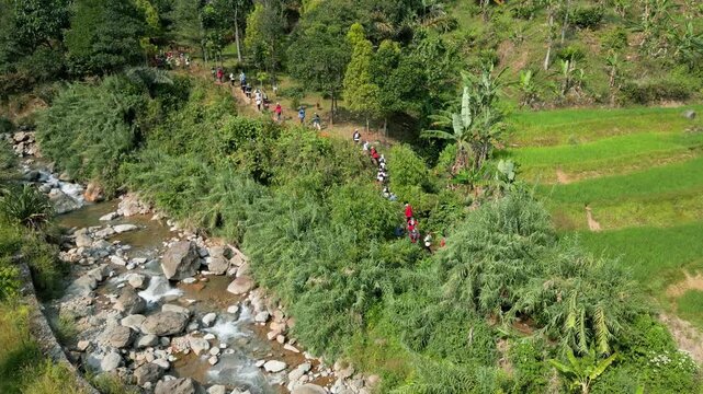 Aerial drone view of hikers crossing a lush riverside trail through tropical forest, rice fields, and rocky stream in daylight.