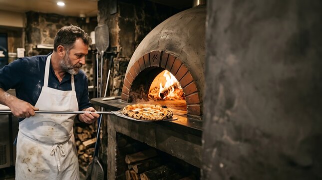 Artisan baker removing hot pizza from a traditional stone oven