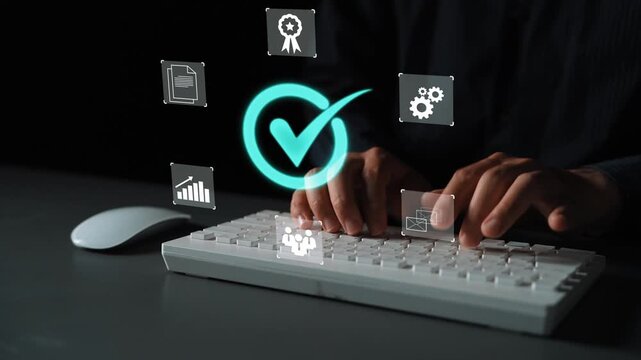 Hands typing on a keyboard with floating icons representing checking, rewards, settings, and documents for digital project management and productivity Gluon.