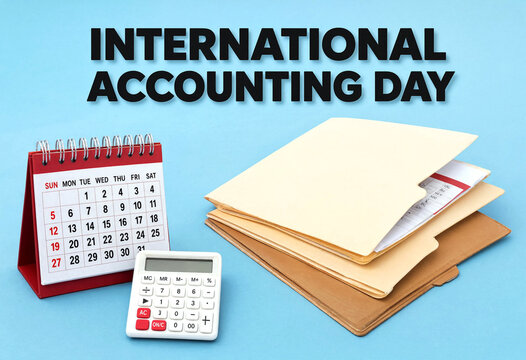 International accounting day concept with calendar files and calculator on table setup