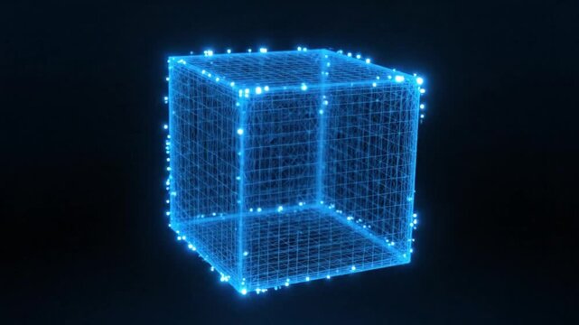 Glowing Blue Wireframe Cube Futuristic Digital Technology 3D Animation
