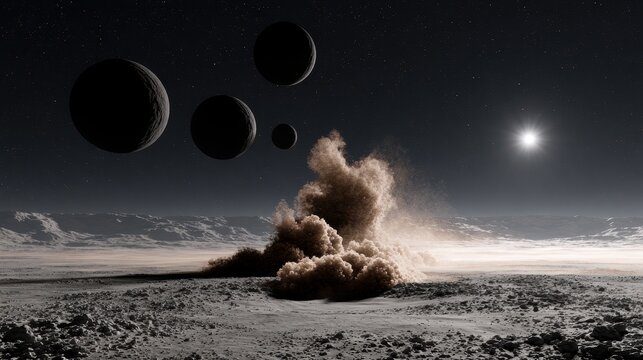 Dust explosion on alien planet surface with moons. Space exploration.