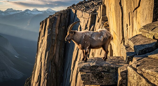 Majestic Ibex Standing on Mountain Cliff Edge at Sunrise
