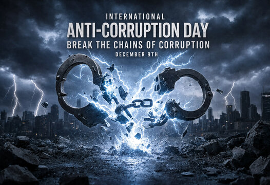 Powerful anticorruption day poster with broken handcuffs and lightning striking chains over city skyline