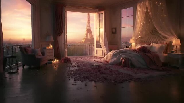 Paris, France, Europe. A romantic bedroom scene features the Eiffel Tower at sunset. The room has an opulent ambiance, with a large window offering a panoramic view of the city.