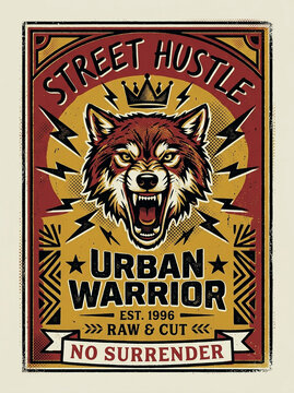 Vintage Wolf Urban Warrior Street Hustle Retro Poster Design