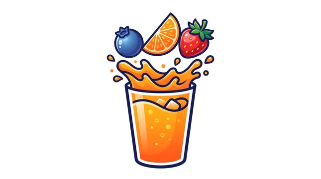 Illustration of a glass of orange juice with a splash effect, topped with a floating orange slice, blueberry, and strawberry. Ideal for juice bar branding, beverage packaging, and healthy drink market