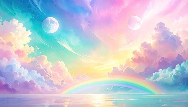 Pastel fantasy sky with rainbow and dual moon landscape