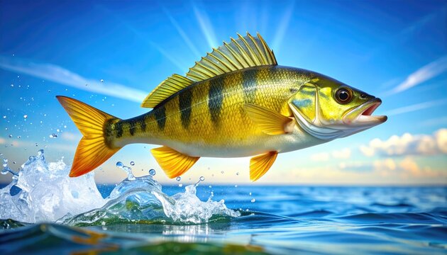 Perch fish leaping from water surface.