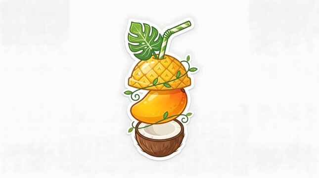 A cute sticker-style illustration featuring a stack of tropical fruits &mdash; pineapple, mango, and coconut with a straw and tropical leaves. Ideal for summer, tropical drink, juice bar, or beach-themed de