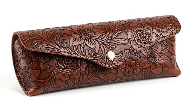 Decorative brown leather glasses case with floral embossed detail embossed protective accessory craftsmanship handmade container spectacles material detailed isolated business