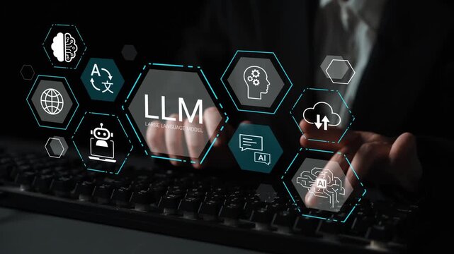 Hands typing on keyboard with large language model icons and futuristic technology interface, depicting innovation in artificial intelligence and machine learning. Gluon.
