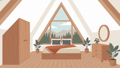 Cozy attic bedroom interior under an A-frame wooden roof with a double bed, dresser, wardrobe, potted plants, and forest views. © Farhan
