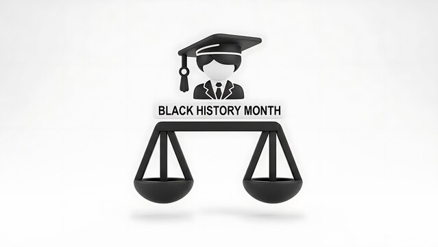Black history month graduation and justice balance scale icon with african american education graduation equality academic commemoration heritage fairness knowledge learning