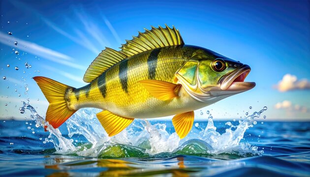 Yellow perch jumping out of water with splash.