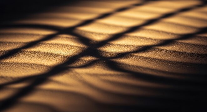 Sunlight casts intricate shadows across a textured sand surface. The golden light highlights the undulating patterns of the sand, creating a dramatic and visually appealing effect.