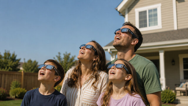 Family Watching A Solar Eclipse Together Outdoors