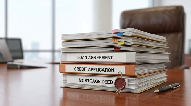 A stack of documents sits on a polished wooden desk. The documents include a loan agreement, a credit application, and a mortgage deed.