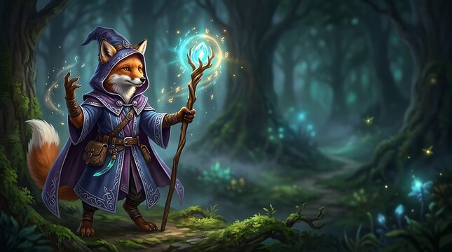 Fantasy fox wizard in enchanted forest with glowing magic staff