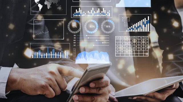 Business professionals analyzing data on mobile device with graphs and charts displayed in modern workspace environment for financial insights and strategy Gluon.