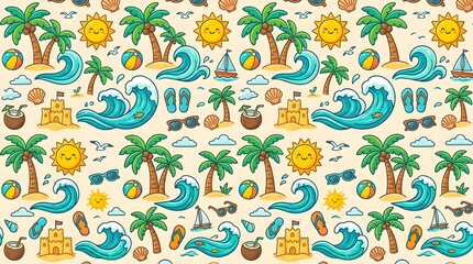 Fototapeta premium Seamless Summer Vacation Beach Pattern Background.