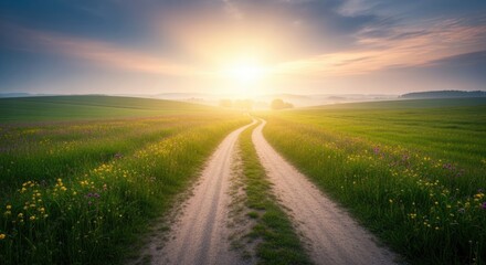Obraz premium The sun rises over a tranquil, grassy field, illuminating a winding dirt path. Wildflowers bloom abundantly along the path and in the surrounding meadow.