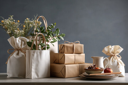 Reusable shopping bags with recycled paper packaging and curated products showcasing sustainable Black Friday shopping and conscious consumerism