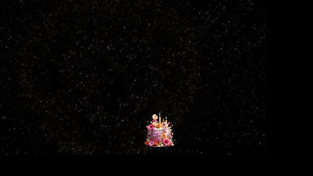 Castle structure glows with magical light while surrounded by a field of shimmering golden particles in a dark night sky creating an enchanting atmosphere for a fairy tale or fantasy project.