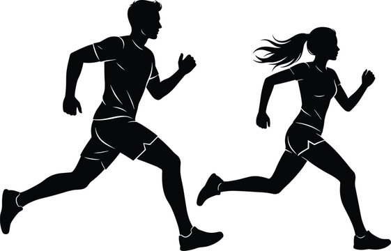 Black silhouette vector illustrations of athletes running side by side representing fitness, competition, and teamwork