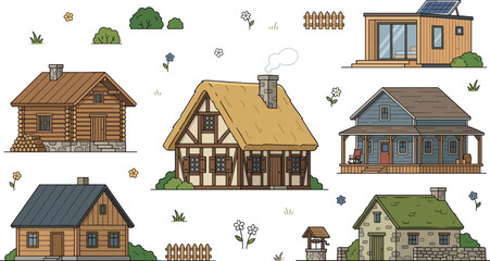 Fototapeta premium Countryside House Vector Illustration Set with Log Cabin, Cottage, Tiny Eco Home, and Rural Stone Building Elements for Real Estate and Architecture Designs