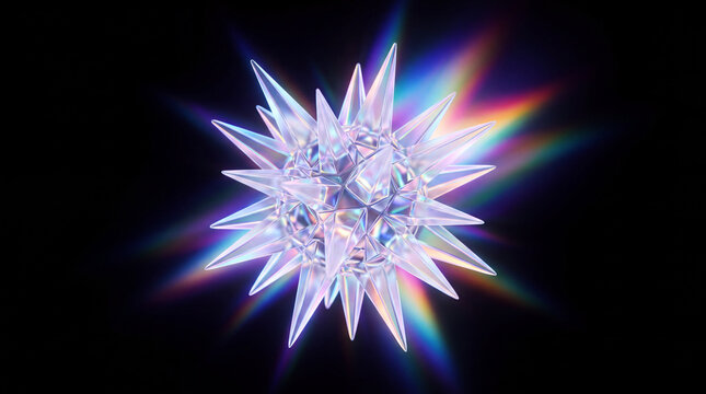 Spiky glass crystal starburst with rainbow light dispersion on black background